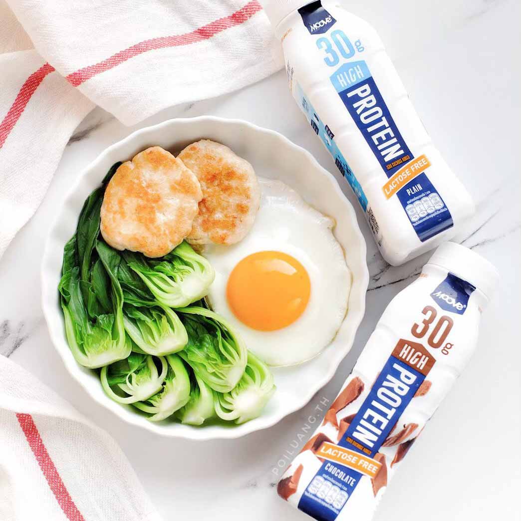 MOOVE High protein milk with fry egg and bok choy