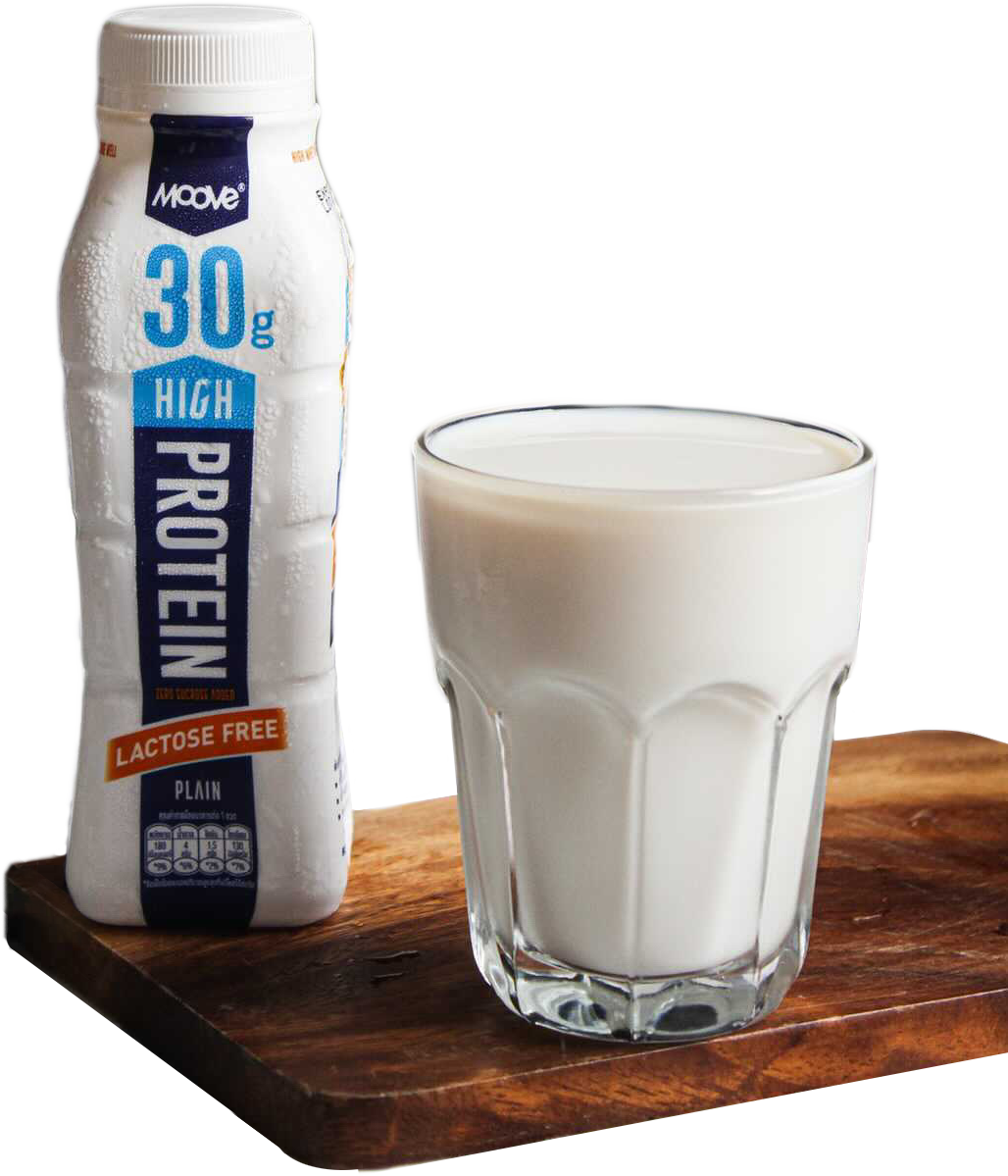 Bottle of high protein milk lactose free Plain flavour with glass